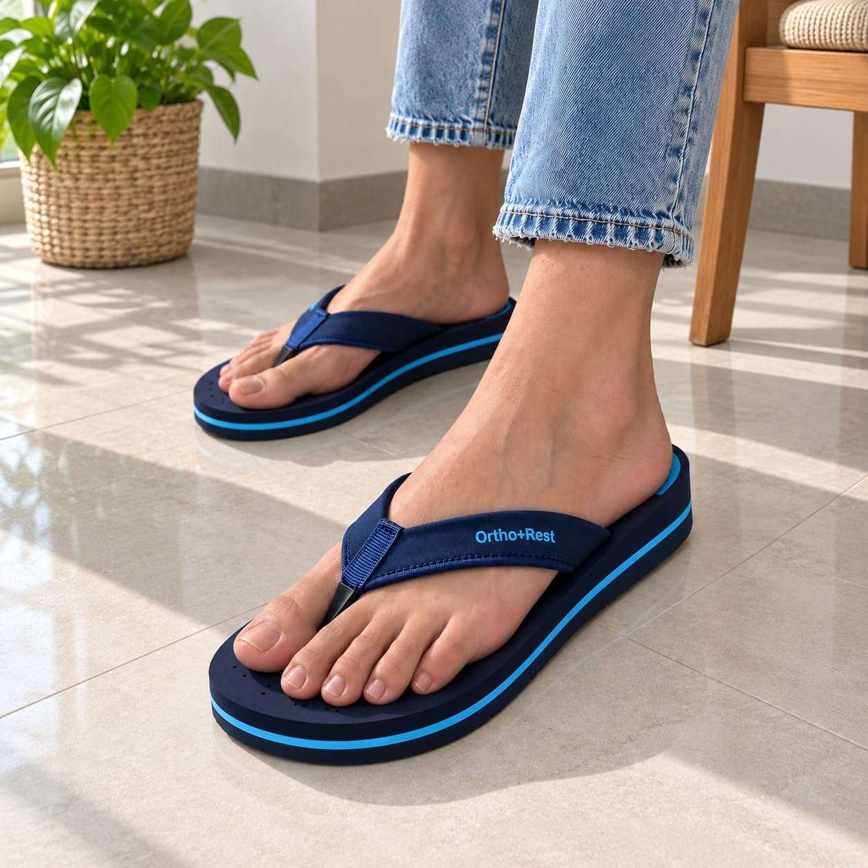 Ortho Rest Women's Comfortable and Stylish Flat Sandals Slipper | Soft Sole Casual Slip-On with back foot support (L300) - Blue