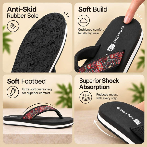 Ortho Rest Women's Comfortable and Stylish Flat Sandals Slipper | Soft Sole Casual Slip-On with back foot support (L216) - Black