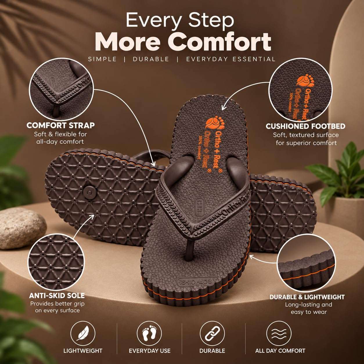 Ortho Rest Hawaii Chappal  Comfort Ortho Care, Bathroom Rubber Flip-Flops (R111) - Brown