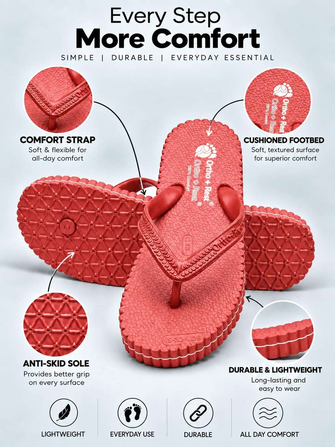 Ortho Rest Hawaii Chappal  Comfort Ortho Care, Bathroom Rubber Flip-Flops (R111) - Red