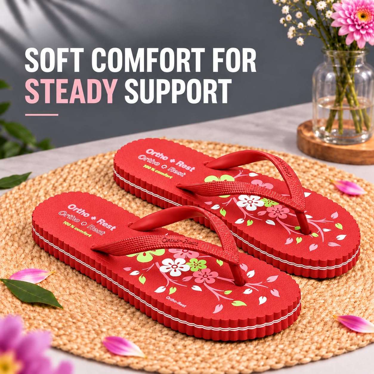 Ortho Rest Women's Comfortable and Stylish Flat Sandals Slipper | Soft Sole Casual Slip-On with back foot support (R115) - Red