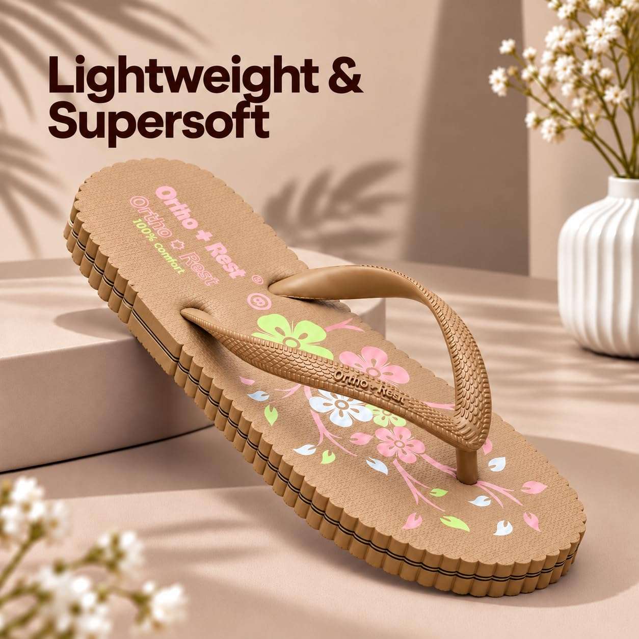 Ortho Rest Women's Comfortable and Stylish Flat Sandals Slipper | Soft Sole Casual Slip-On with back foot support (R115) - Tan