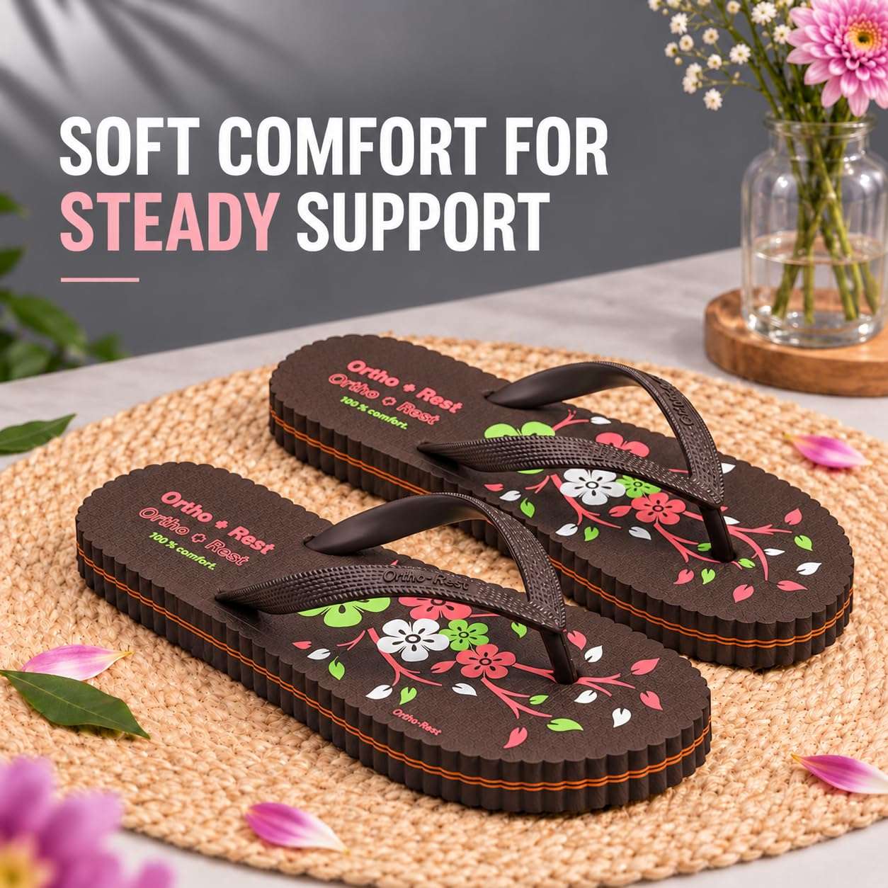 Ortho Rest Women's Comfortable and Stylish Flat Sandals Slipper | Soft Sole Casual Slip-On with back foot support (R115) - Brown