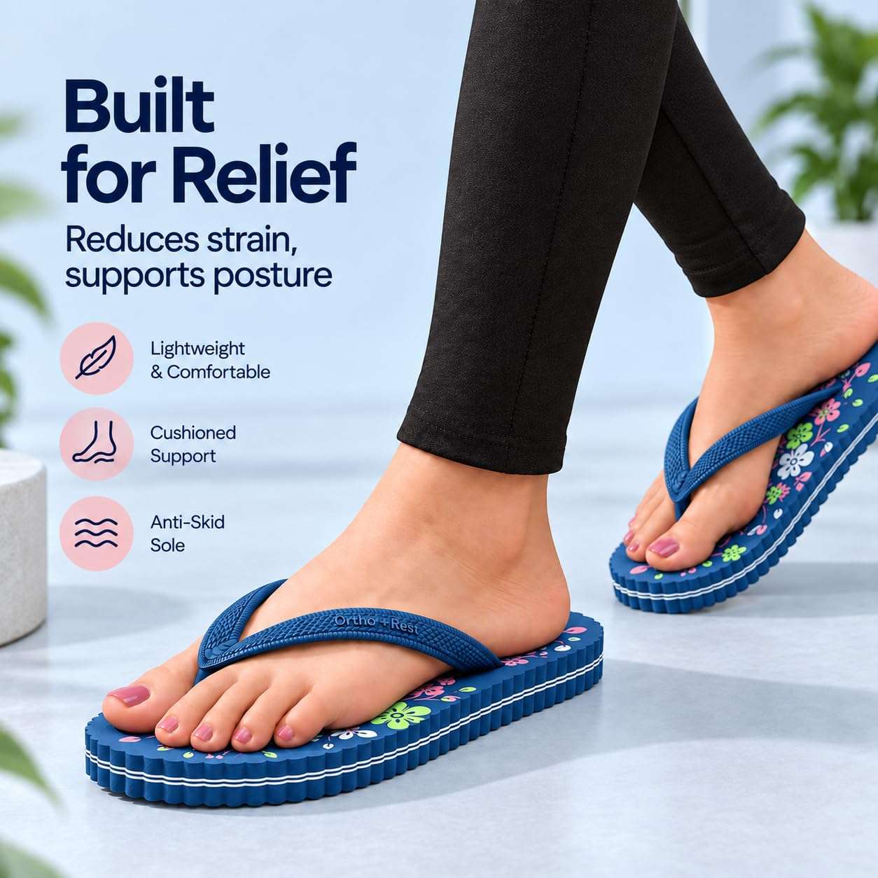 Ortho Rest Women's Comfortable and Stylish Flat Sandals Slipper | Soft Sole Casual Slip-On with back foot support (R115) - Blue