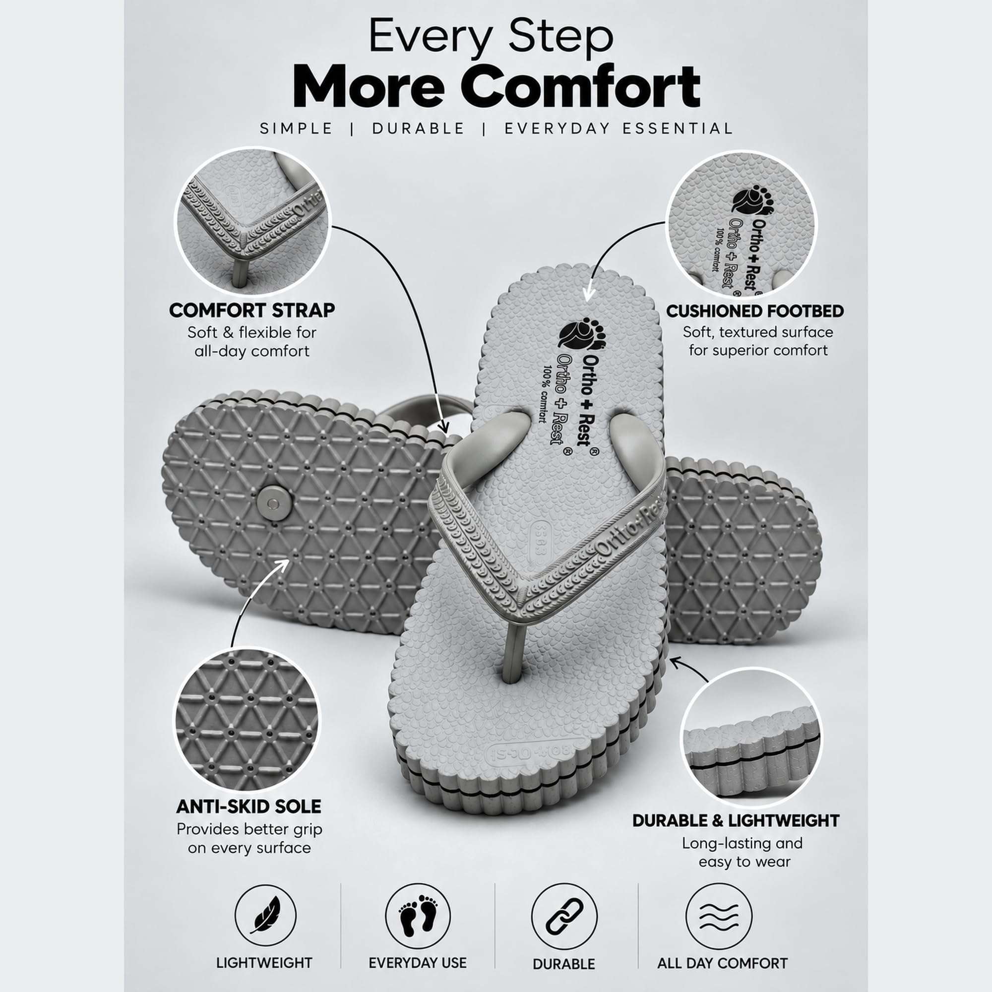 Ortho Rest Hawaii Chappal  Comfort Ortho Care, Bathroom Rubber Flip-Flops (R111) - Light Grey