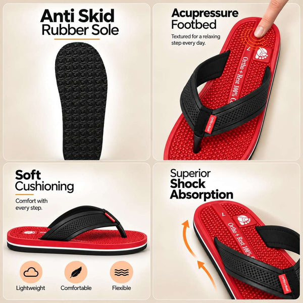 Ortho Rest  Men's Flip Flops with Acupressure Footbed (M10015) - Red