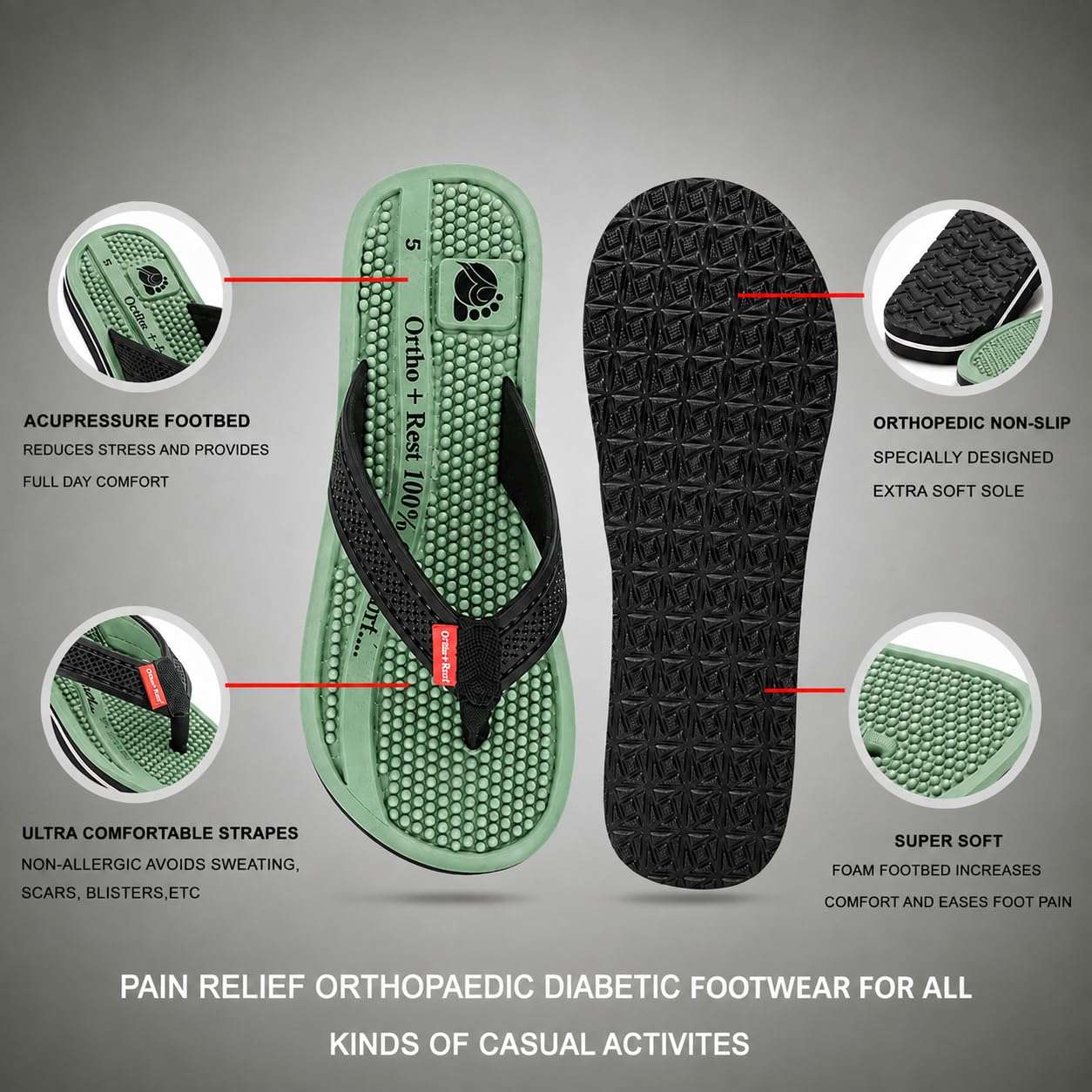 Ortho Rest Women's Comfortable and Stylish Flat Sandals Slipper | Soft Sole Casual Slip-On with back foot support (L215) - Green