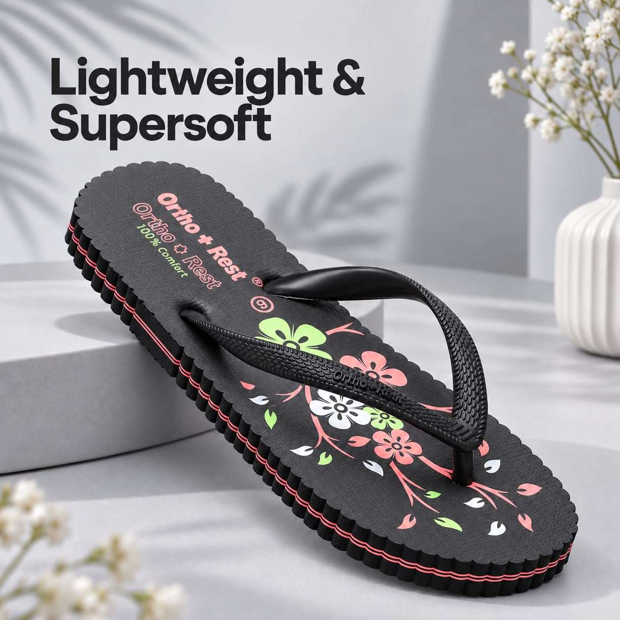 Ortho Rest Women's Comfortable and Stylish Flat Sandals Slipper | Soft Sole Casual Slip-On with back foot support (R115) - Black
