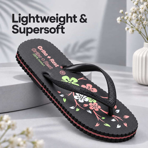 Ortho Rest Women's Comfortable and Stylish Flat Sandals Slipper | Soft Sole Casual Slip-On with back foot support (R115) - Black