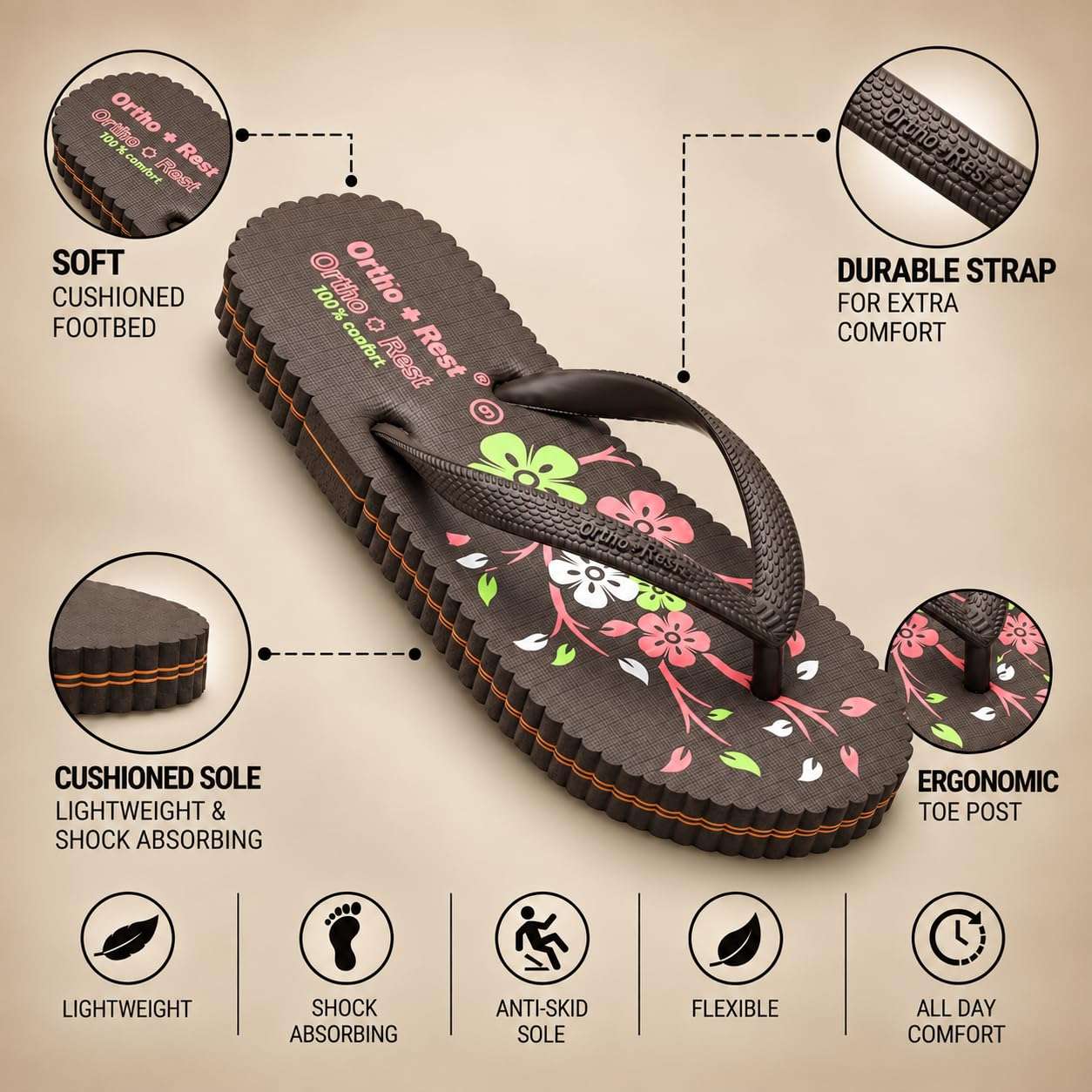 Ortho Rest Women's Comfortable and Stylish Flat Sandals Slipper | Soft Sole Casual Slip-On with back foot support (R115) - Brown