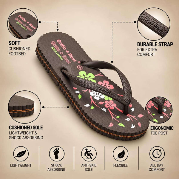 Ortho Rest Women's Comfortable and Stylish Flat Sandals Slipper | Soft Sole Casual Slip-On with back foot support (R115) - Brown