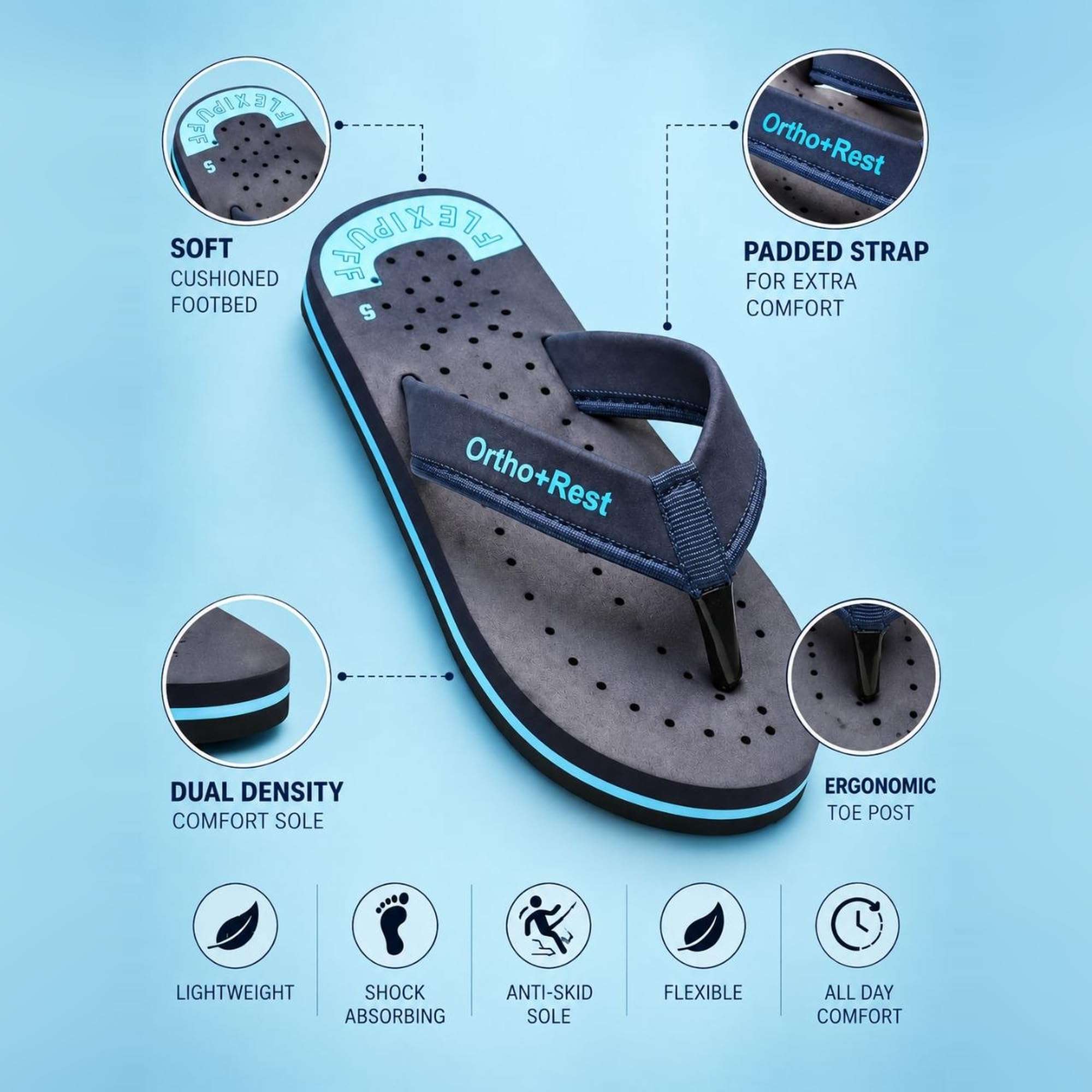 Ortho Rest Women's Comfortable and Stylish Flat Sandals Slipper | Soft Sole Casual Slip-On with back foot support (L300) - Blue