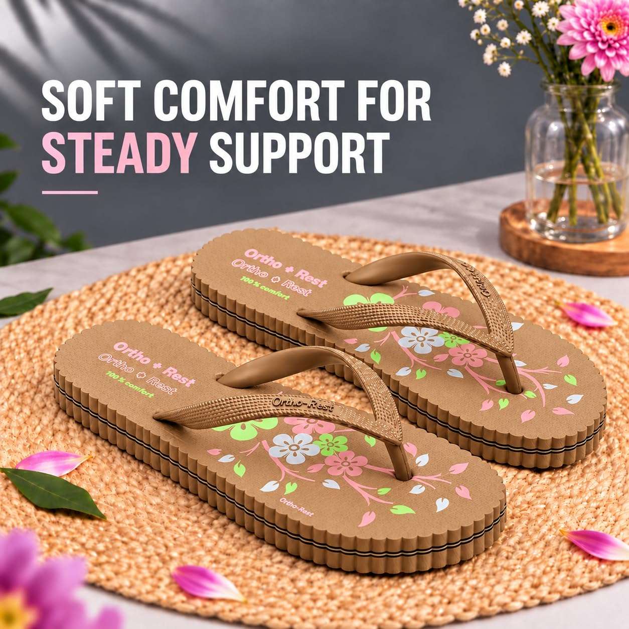 Ortho Rest Women's Comfortable and Stylish Flat Sandals Slipper | Soft Sole Casual Slip-On with back foot support (R115) - Tan