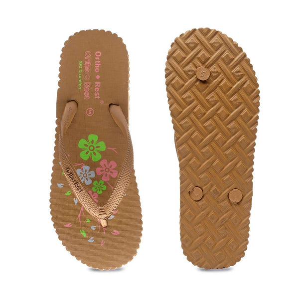 Ortho Rest Women's Comfortable and Stylish Flat Sandals Slipper | Soft Sole Casual Slip-On with back foot support (R115) - Tan