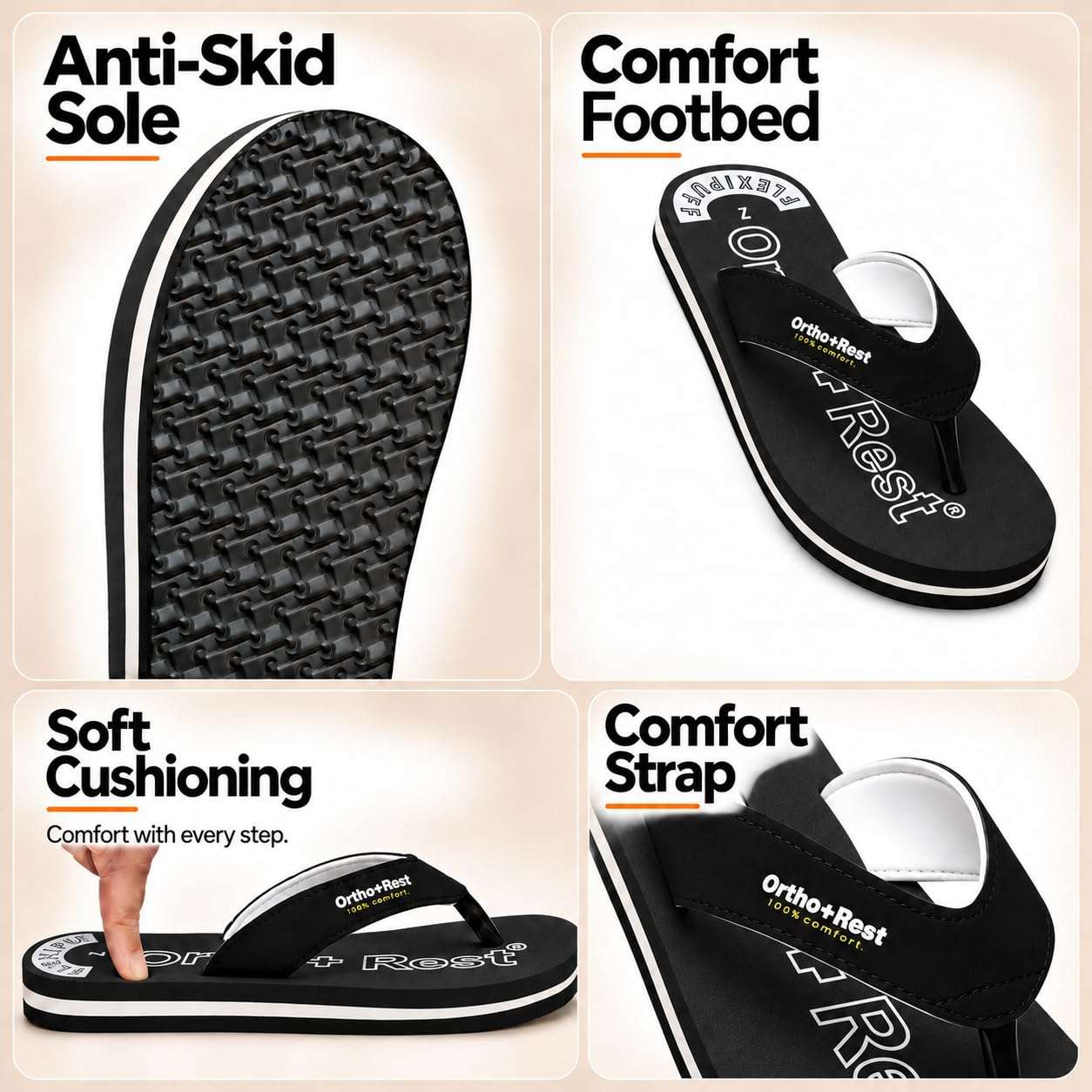 Ortho Rest Men Slipper  Super Soft, Lightweight and Comfortable Flip Flops for Home Daily Use (M555) - Black
