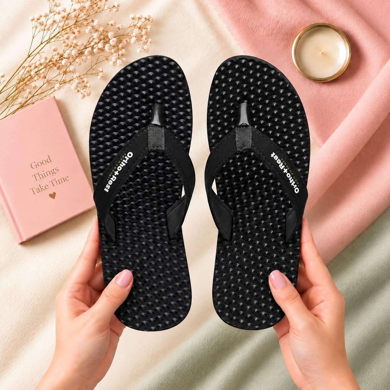 Ortho Rest Women's Comfortable and Stylish Flat Sandals Slipper | Soft Sole Casual Slip-On with back foot support (L777) - Black