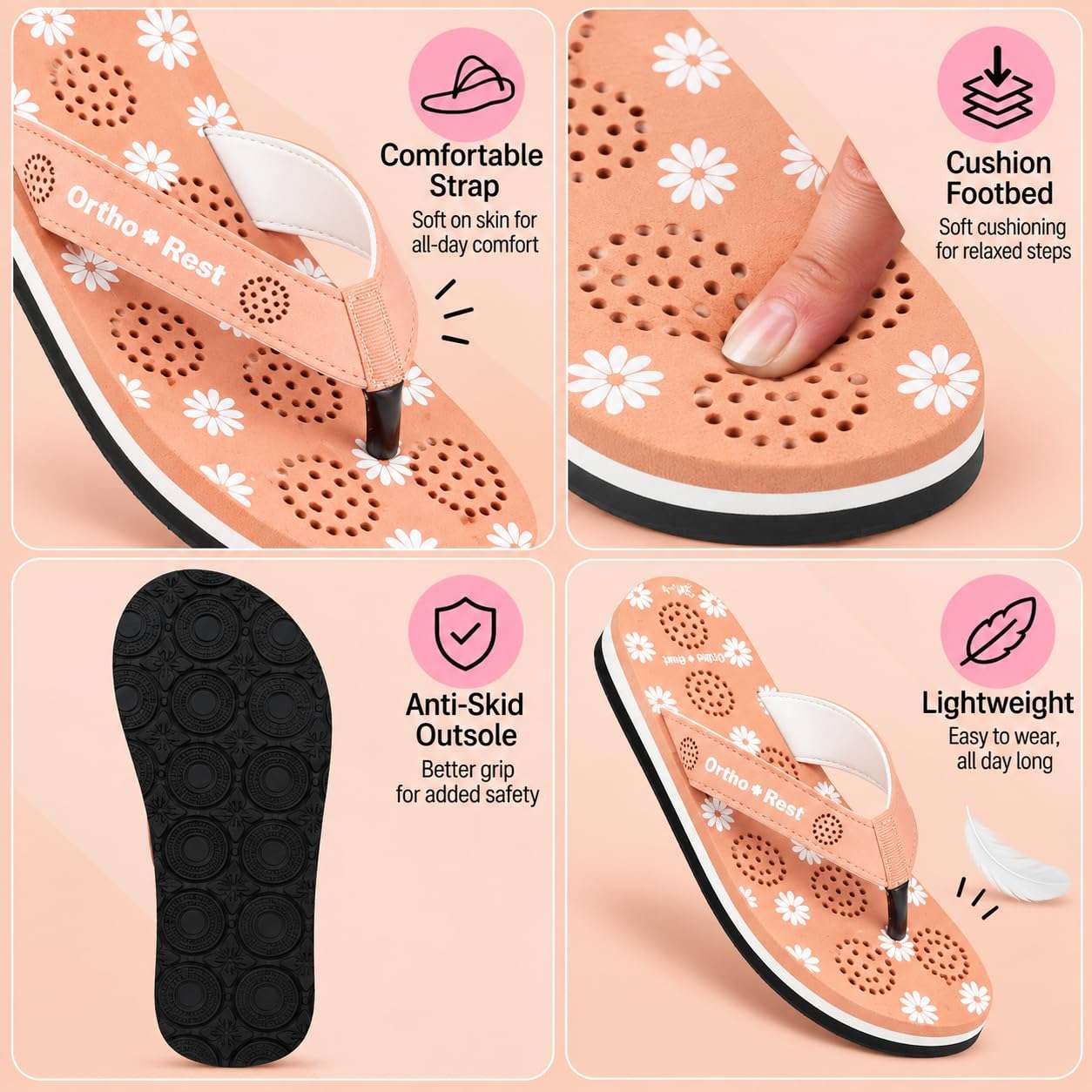 Ortho Rest Women's Comfortable and Stylish Flat Sandals Slipper | Soft Sole Casual Slip-On with back foot support (L218) - Peach