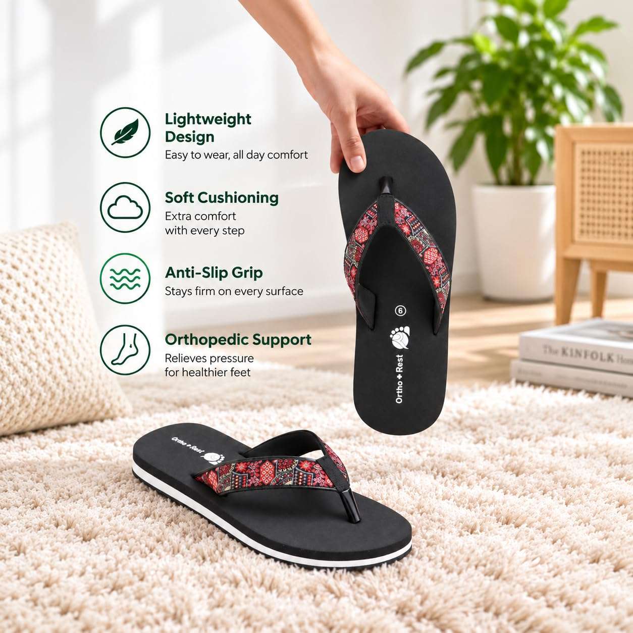 Ortho Rest Women's Comfortable and Stylish Flat Sandals Slipper | Soft Sole Casual Slip-On with back foot support (L221) - Black