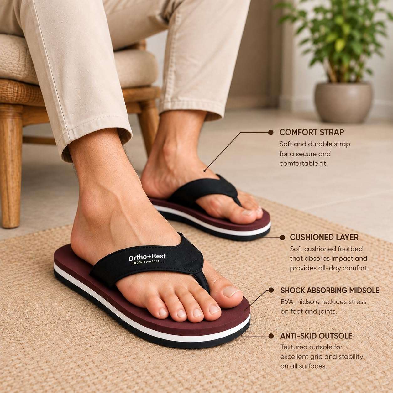 Ortho Rest Men Slipper  Super Soft, Lightweight and Comfortable Flip Flops for Home Daily Use (M555) - Maroon