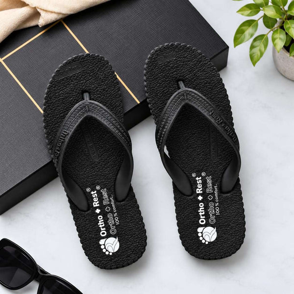 Ortho Rest Hawaii Chappal  Comfort Ortho Care, Bathroom Rubber Flip-Flops (R111) - Black