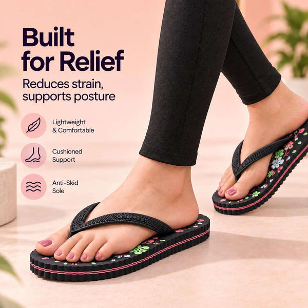 Ortho Rest Women's Comfortable and Stylish Flat Sandals Slipper | Soft Sole Casual Slip-On with back foot support (R115) - Black