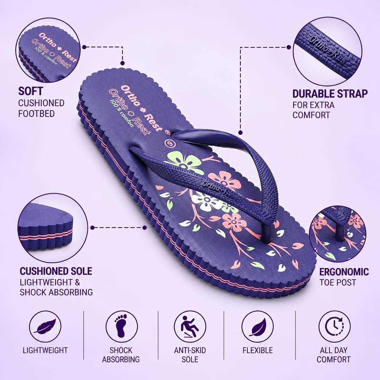 Ortho Rest Women's Comfortable and Stylish Flat Sandals Slipper | Soft Sole Casual Slip-On with back foot support (R115) - Purple