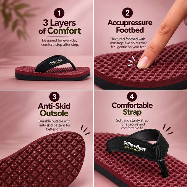 Ortho Rest Women's Comfortable and Stylish Flat Sandals Slipper | Soft Sole Casual Slip-On with back foot support (L777) - Maroon