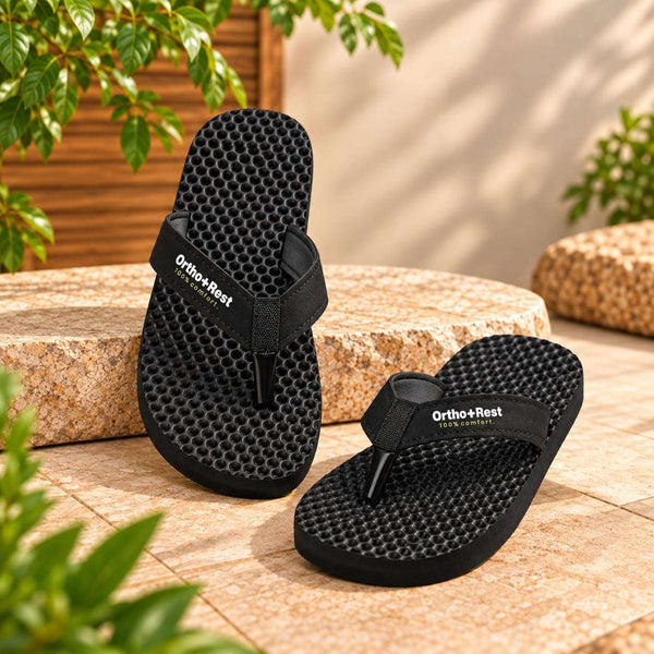 Ortho Rest Women's Comfortable and Stylish Flat Sandals Slipper | Soft Sole Casual Slip-On with back foot support (L777) - Black