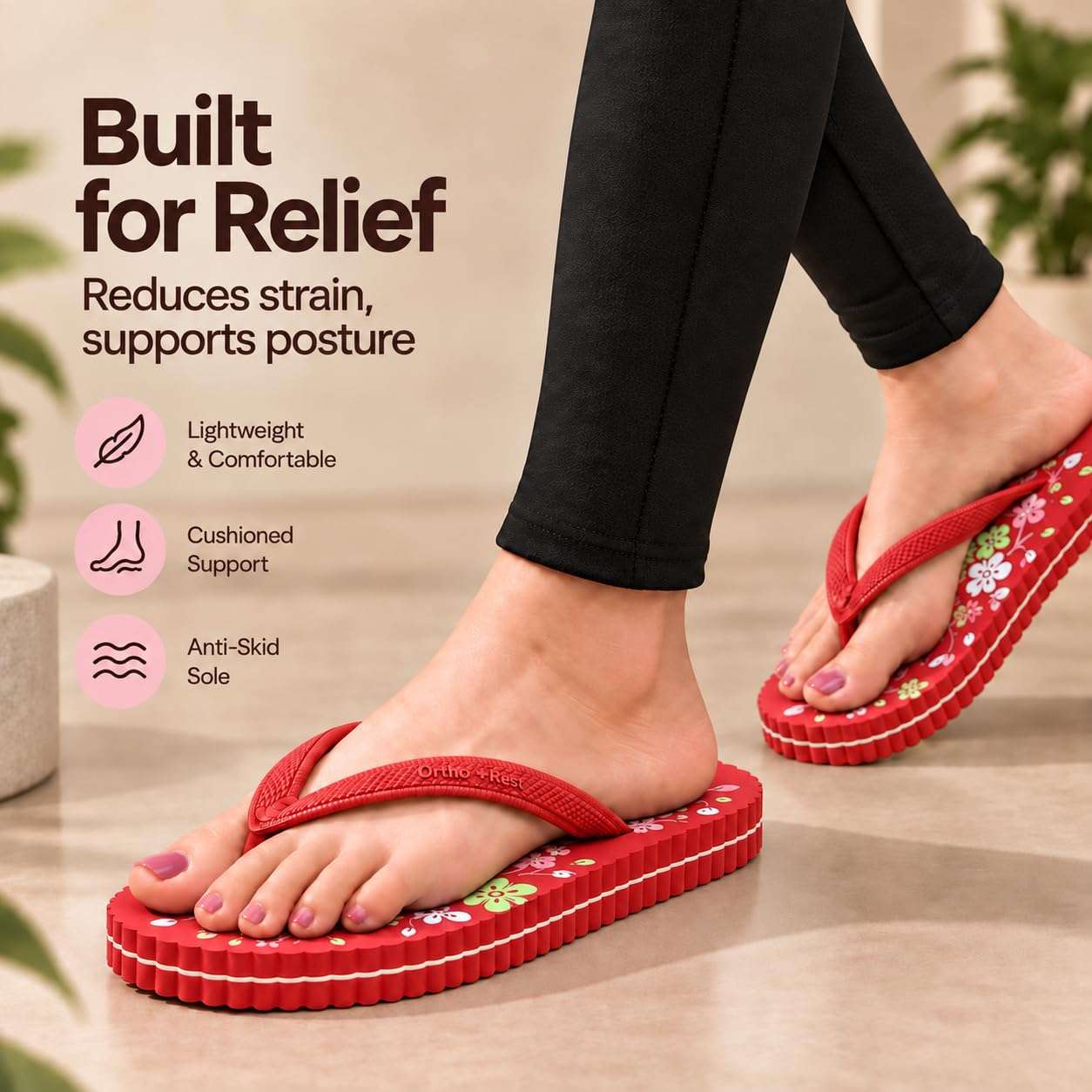 Ortho Rest Women's Comfortable and Stylish Flat Sandals Slipper | Soft Sole Casual Slip-On with back foot support (R115) - Red