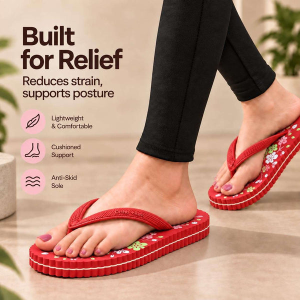 Ortho Rest Women's Comfortable and Stylish Flat Sandals Slipper | Soft Sole Casual Slip-On with back foot support (R115) - Red