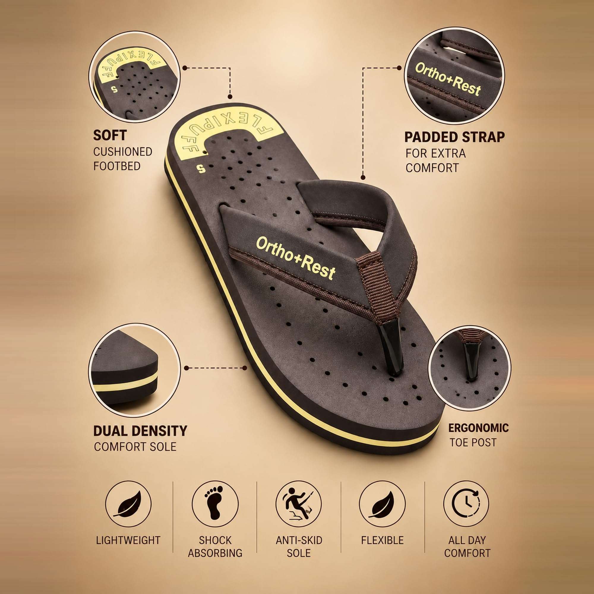 Ortho Rest Women's Comfortable and Stylish Flat Sandals Slipper | Soft Sole Casual Slip-On with back foot support (L300) - Brown