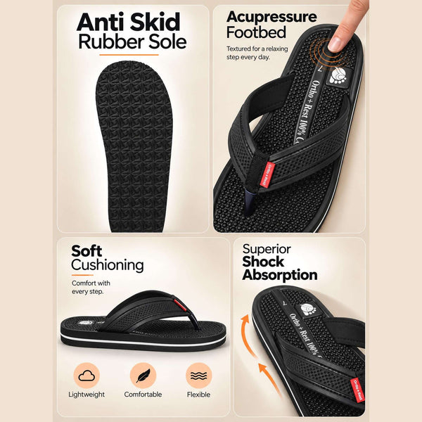 Ortho Rest  Men's Flip Flops with Acupressure Footbed (M10015) - Black