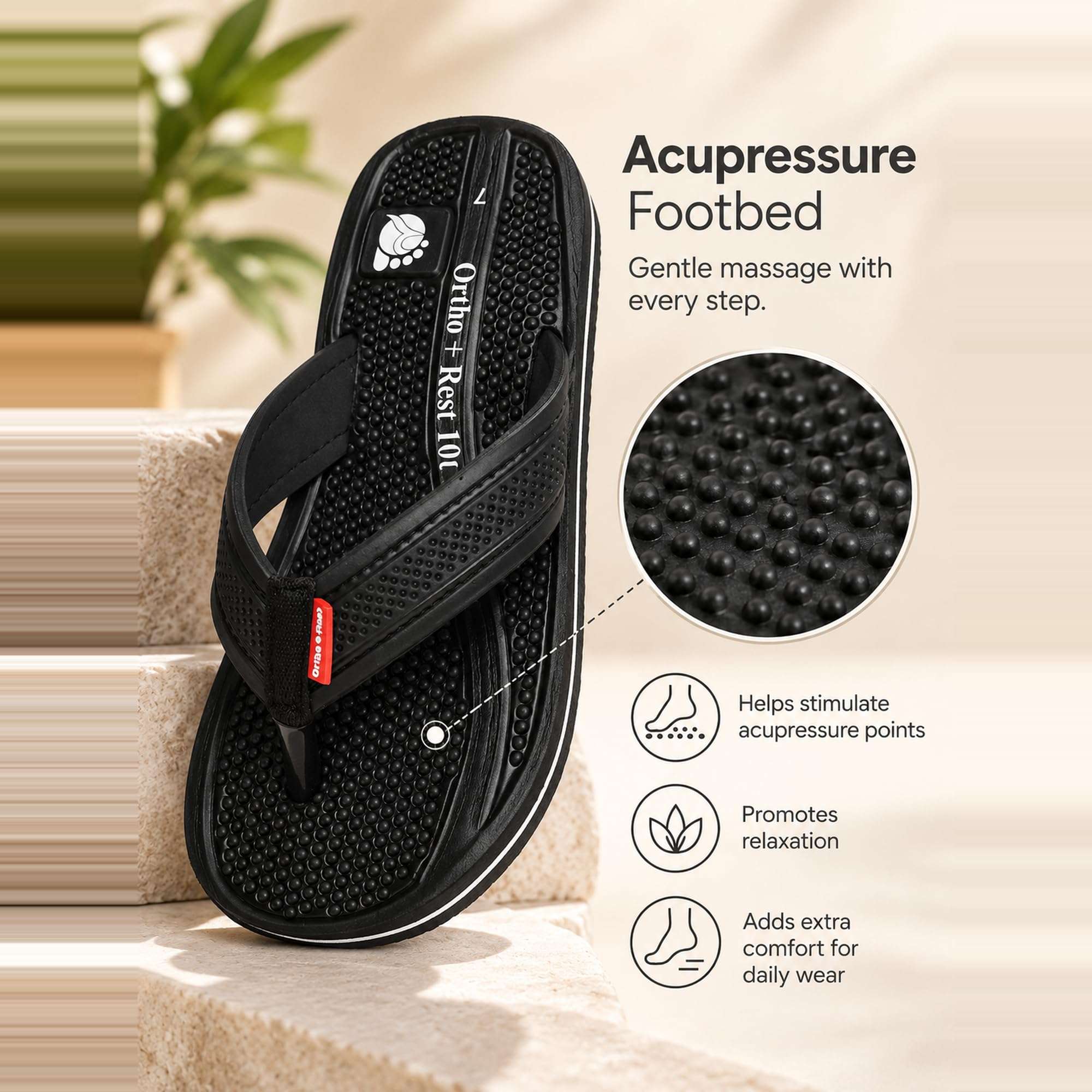 Ortho Rest  Men's Flip Flops with Acupressure Footbed (M10015) - Black