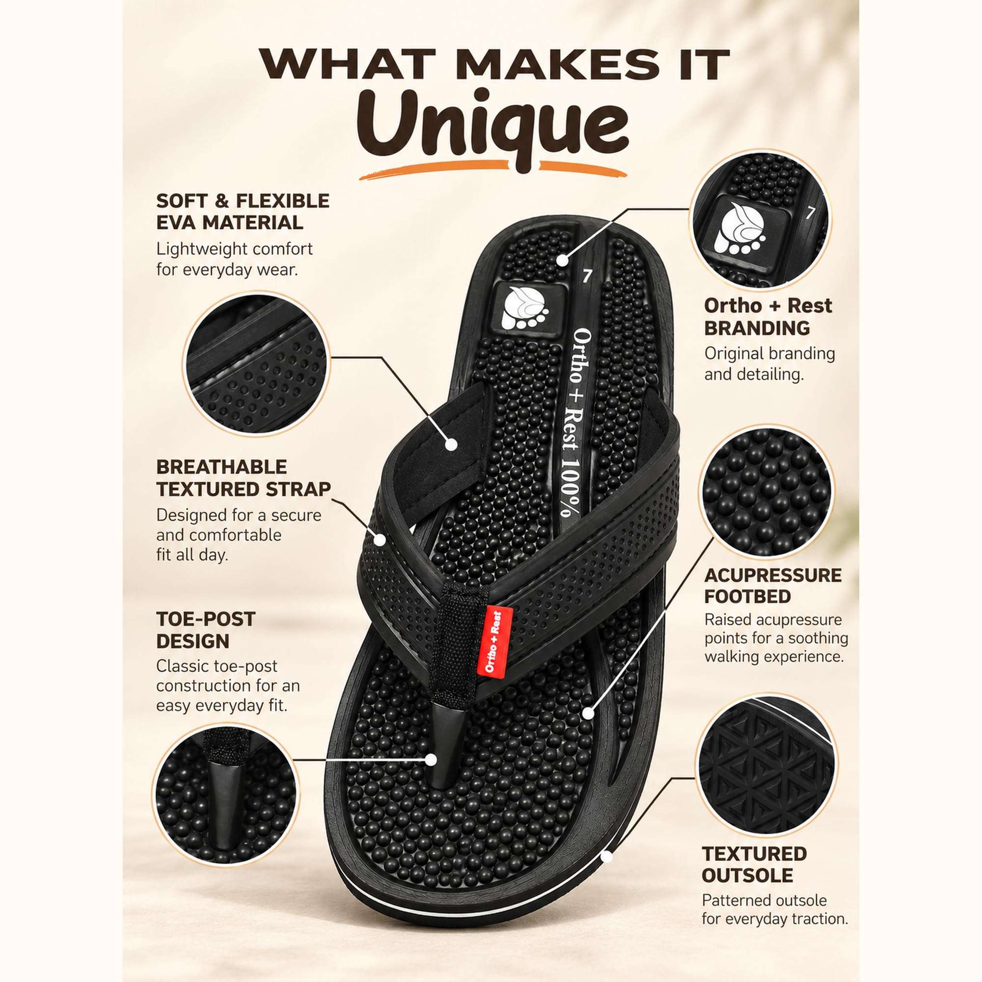 Ortho Rest  Men's Flip Flops with Acupressure Footbed (M10015) - Black