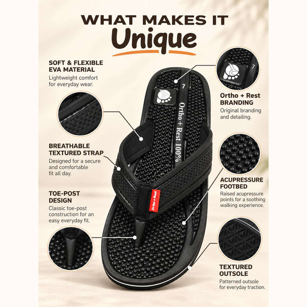 Ortho Rest  Men's Flip Flops with Acupressure Footbed (M10015) - Black