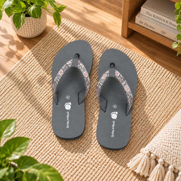 Ortho Rest Women's Comfortable and Stylish Flat Sandals Slipper | Soft Sole Casual Slip-On with back foot support (L221) - Grey