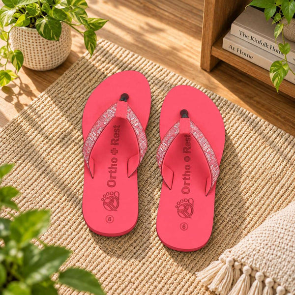 Ortho Rest Women's Comfortable and Stylish Flat Sandals Slipper | Soft Sole Casual Slip-On with back foot support (L216) - Red