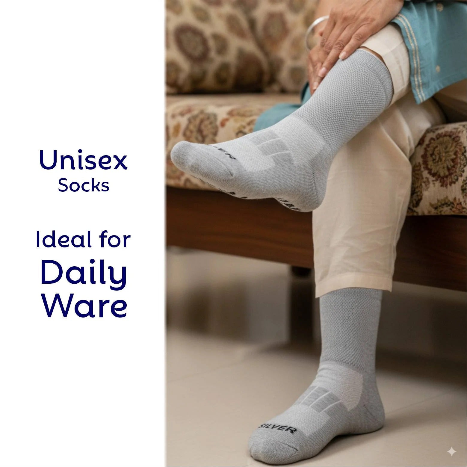 Montac Half Terry Full Length Silver Diabetic Socks for Men and Women | Soft, Cushioned Support with Non-Binding Top | Ideal for Sensitive Feet and Diabetic Care-Black ,Skin & Grey| Pack of 3